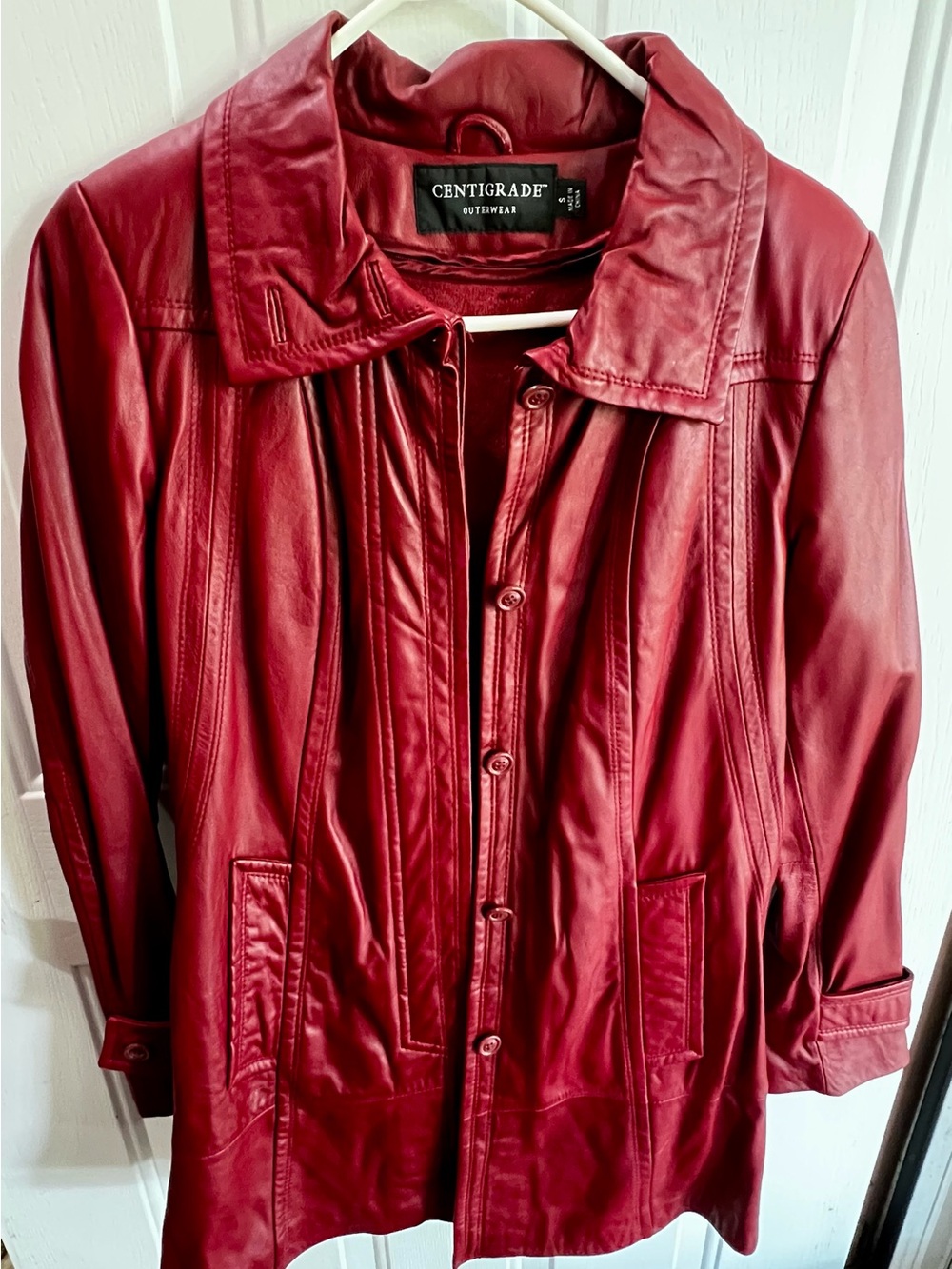 Centigrade Women's Deep Red Leather Button-Front Jacket